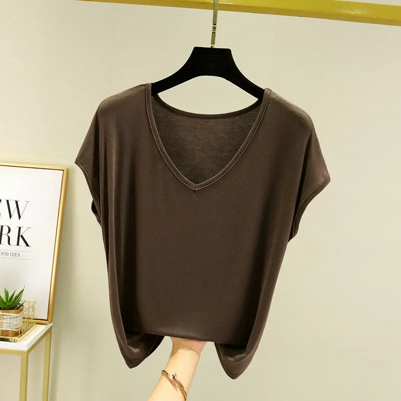 Women's V-neck Base T-Shirt Brown Large - Image 12