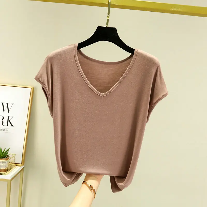 Women's V-neck Base T-Shirt Brown Large - Image 10