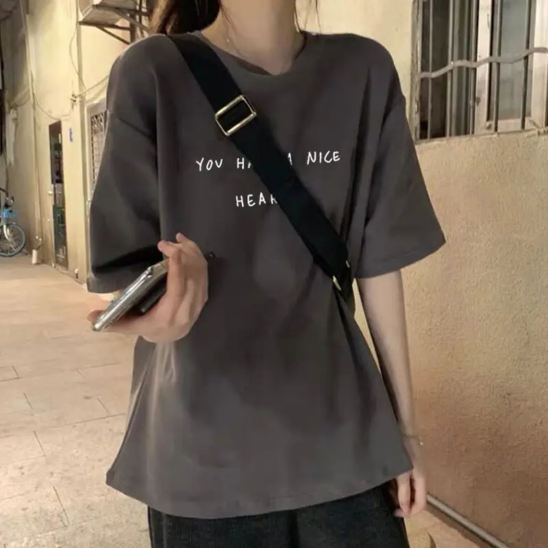 Women Cotton T-Shirt Grey Plus Size with Heart Print
