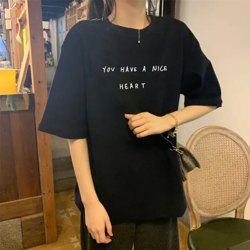 Women Cotton T-Shirt Grey Plus Size with Heart Print
