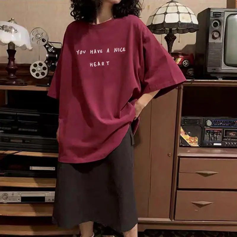 Women Cotton T-Shirt Grey Plus Size with Heart Print