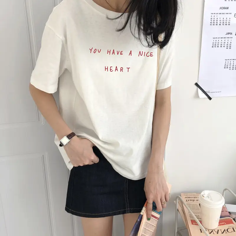 Women Cotton T-Shirt Grey Plus Size with Heart Print