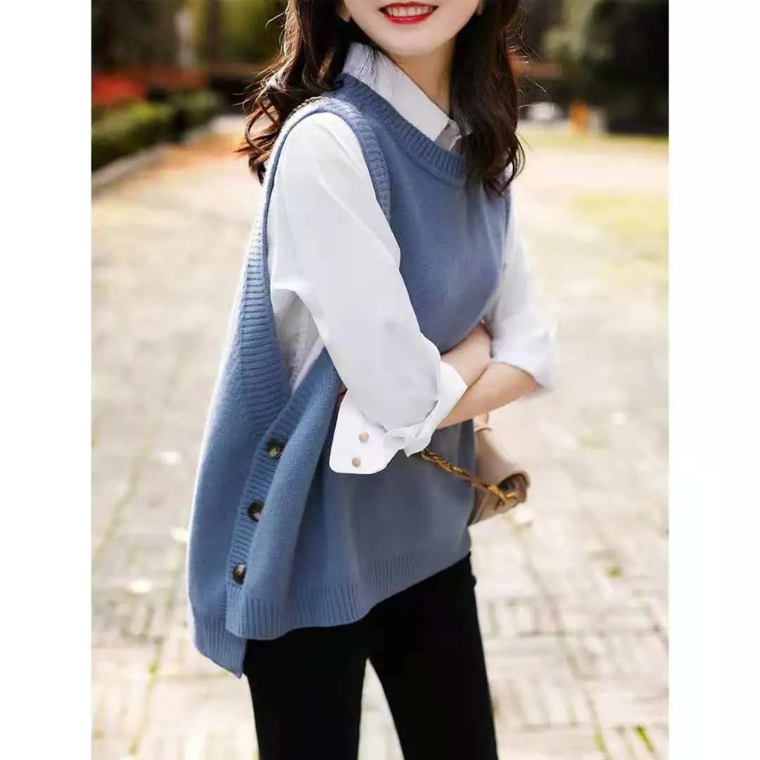 2023 Knitted Layered Vest Women Black Button Casual - Image 5