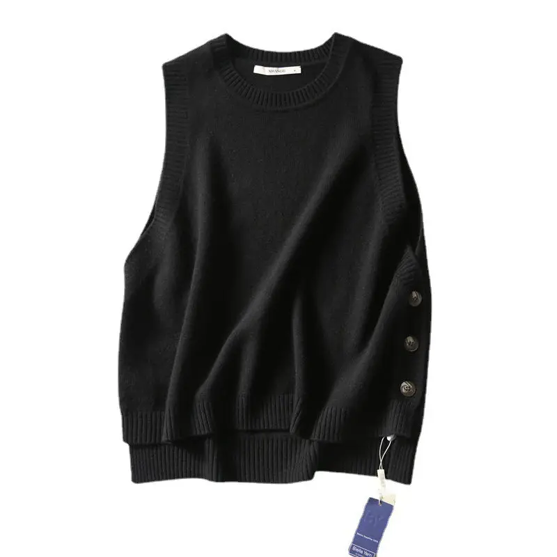 2023 Knitted Layered Vest Women Black Button Casual - Image 8