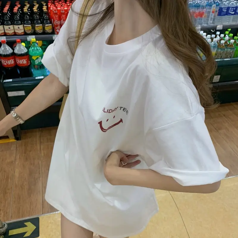 Women Loose Fit Pink Smiley T-Shirt Summer 2025 - Image 4