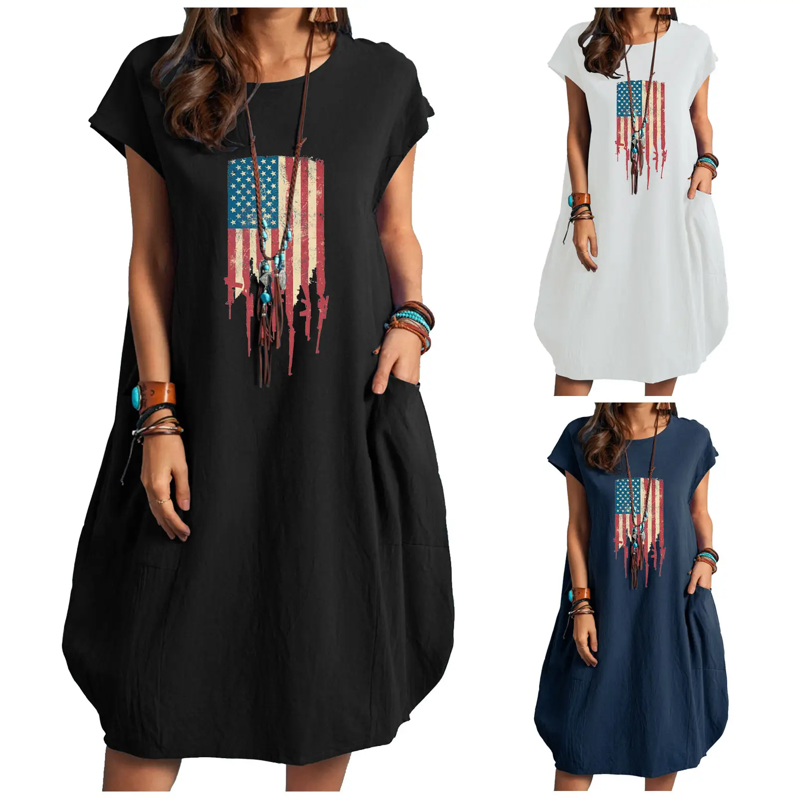 Women American Independence Day Print Cotton Dress Plus Size - Image 4