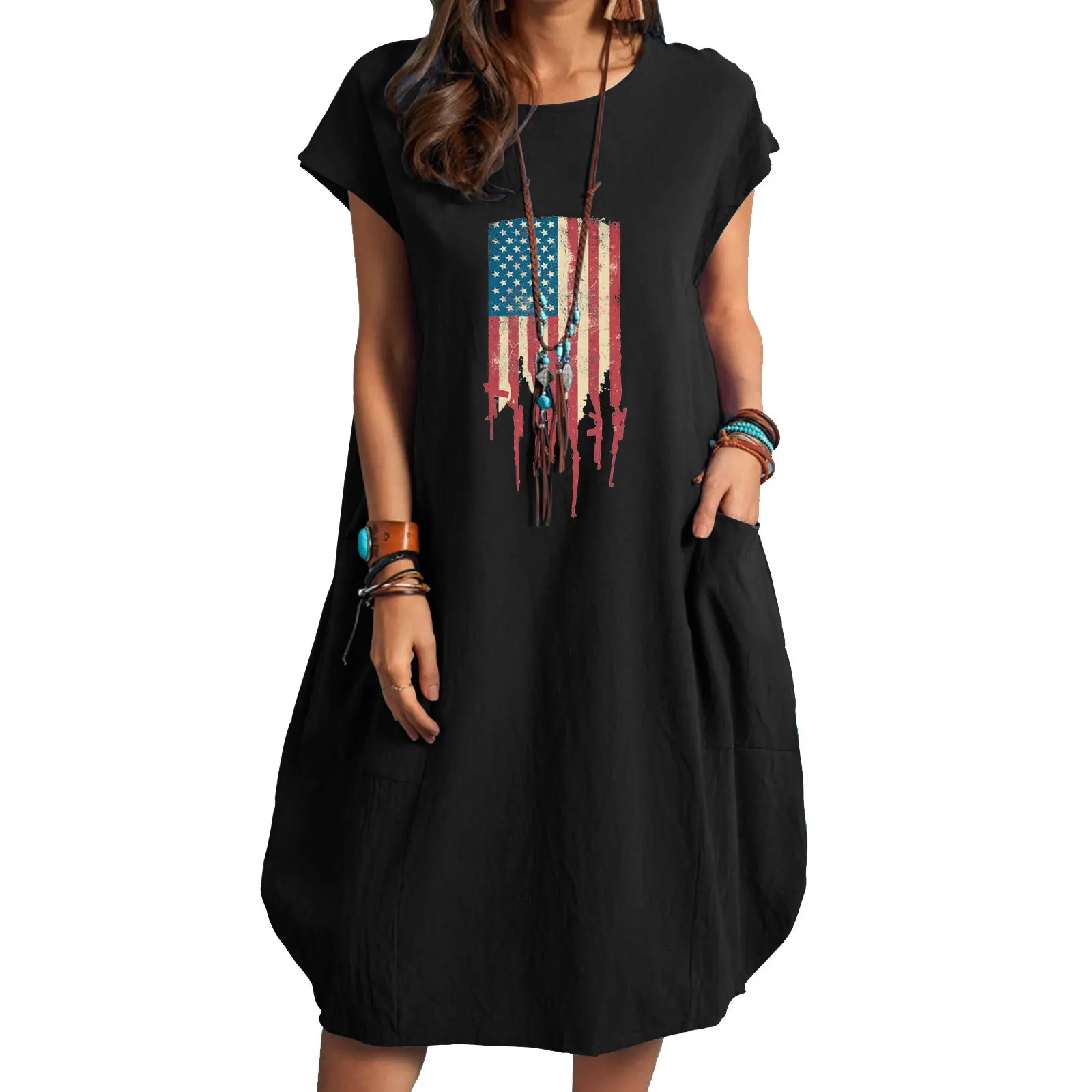 Women American Independence Day Print Cotton Dress Plus Size - Image 8