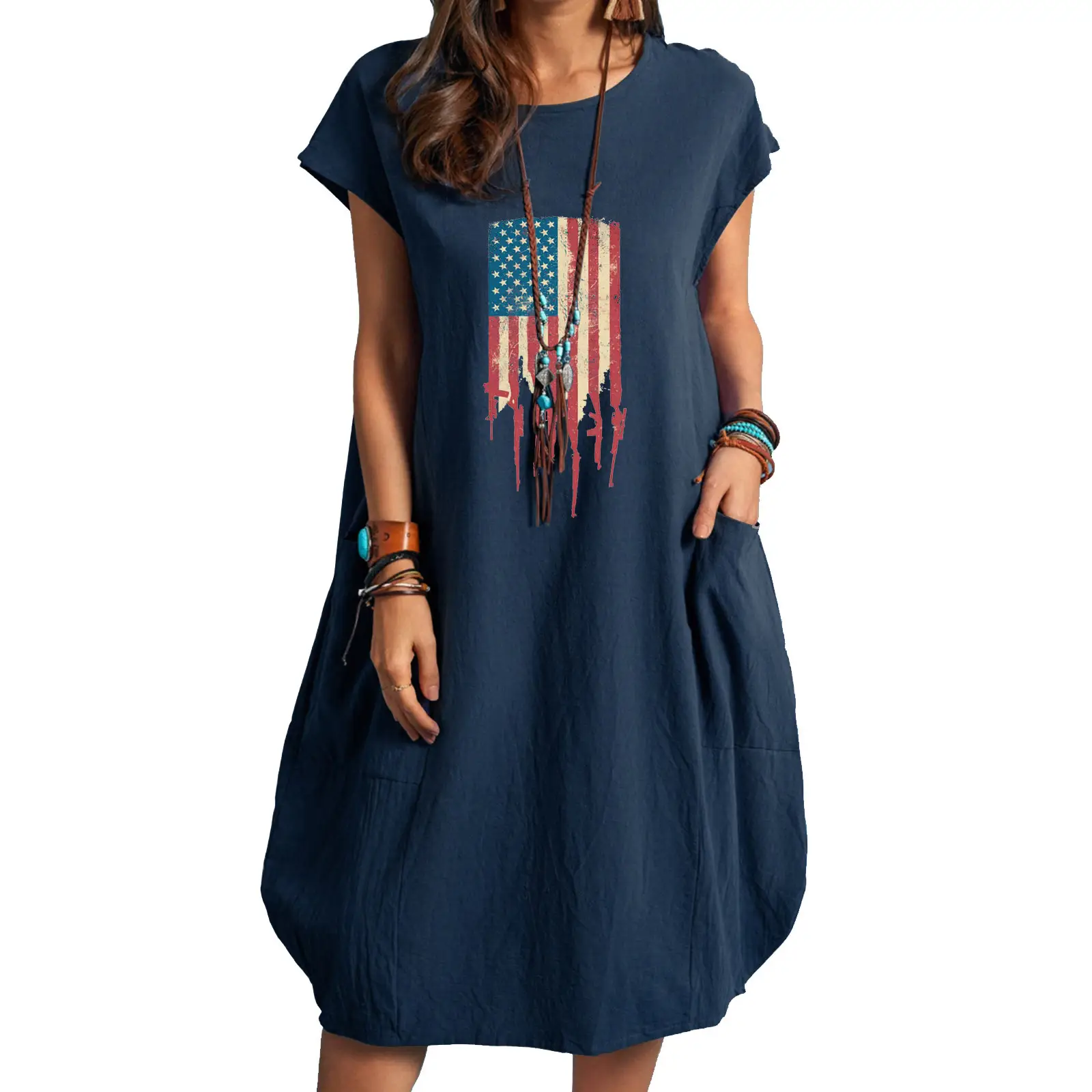 Women American Independence Day Print Cotton Dress Plus Size - Image 2