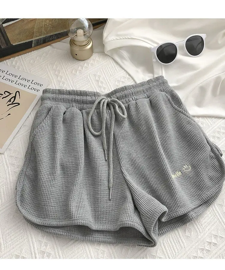 Black Waffle Embroidered Women Shorts High Waist Elastic