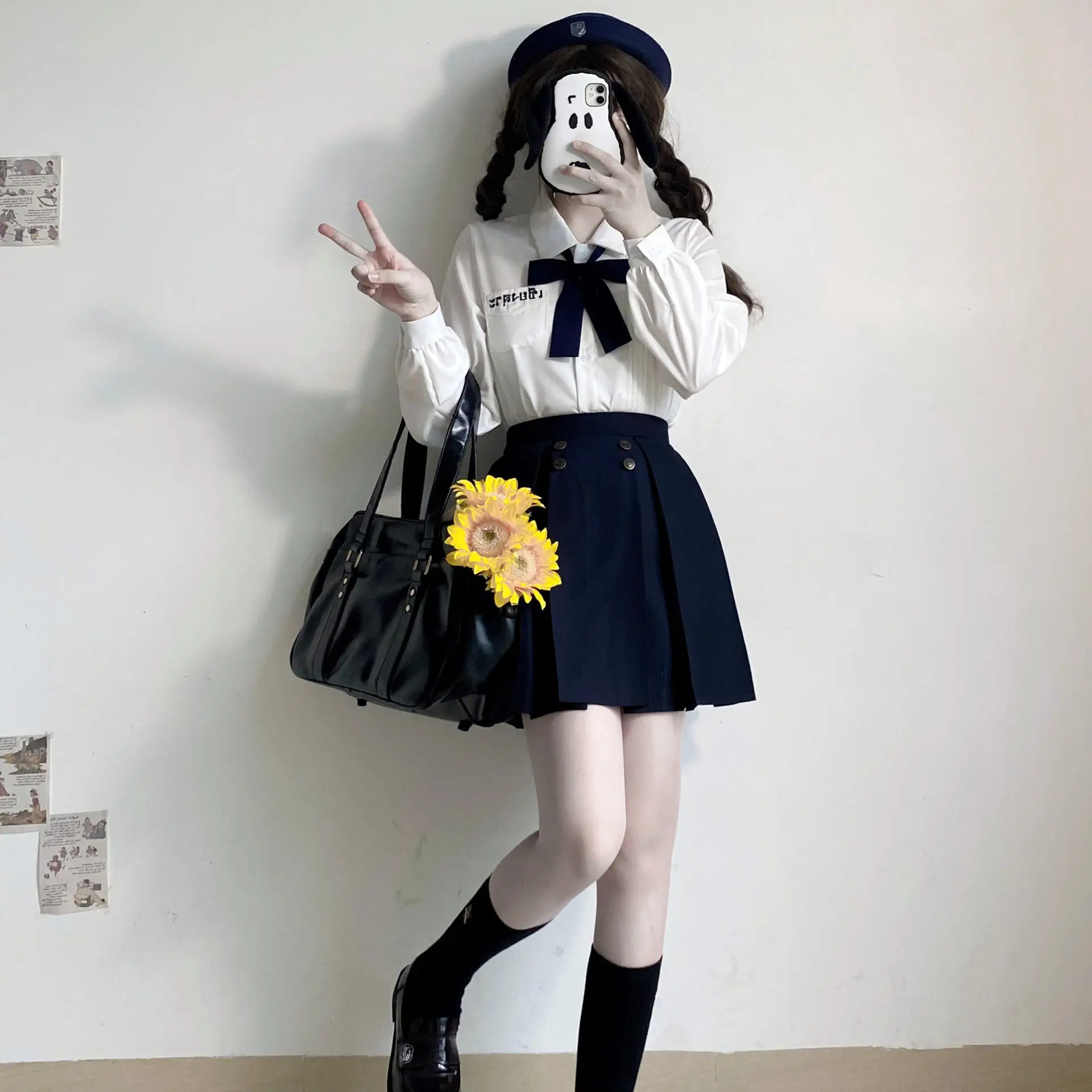 Qing Ying University Embroidered V-Neck Shirt with Bow - Image 8