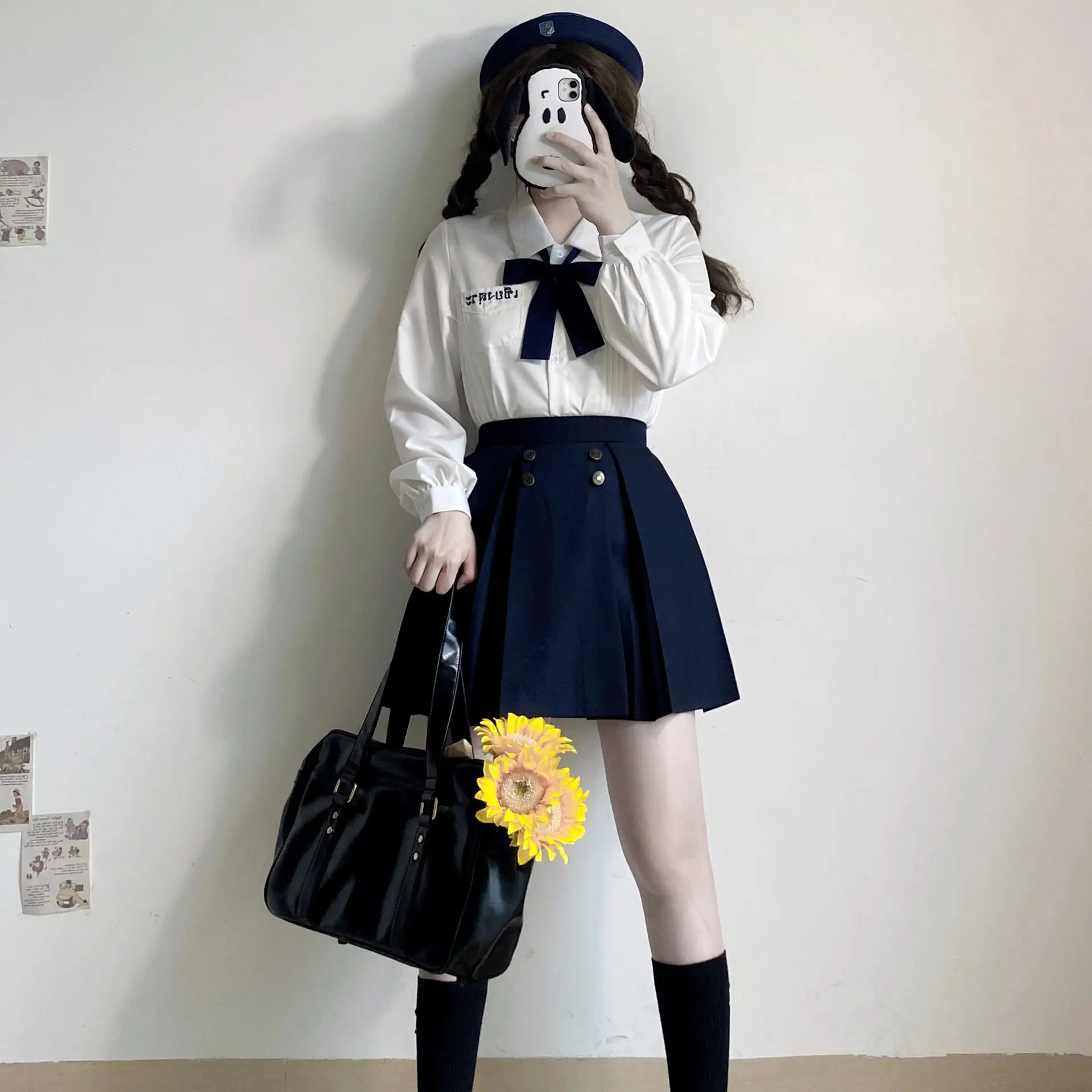 Qing Ying University Embroidered V-Neck Shirt with Bow - Image 9