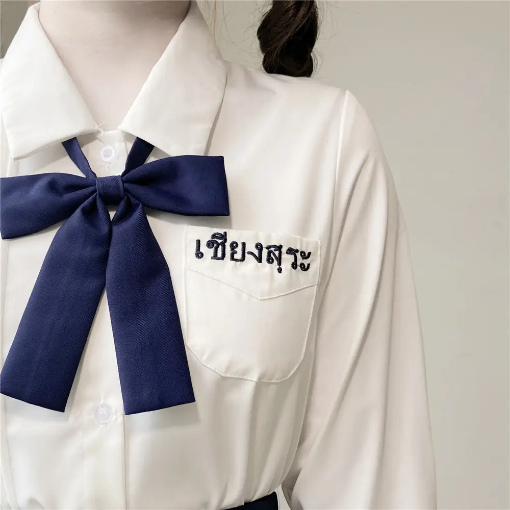 Qing Ying University Embroidered V-Neck Shirt with Bow - Image 2