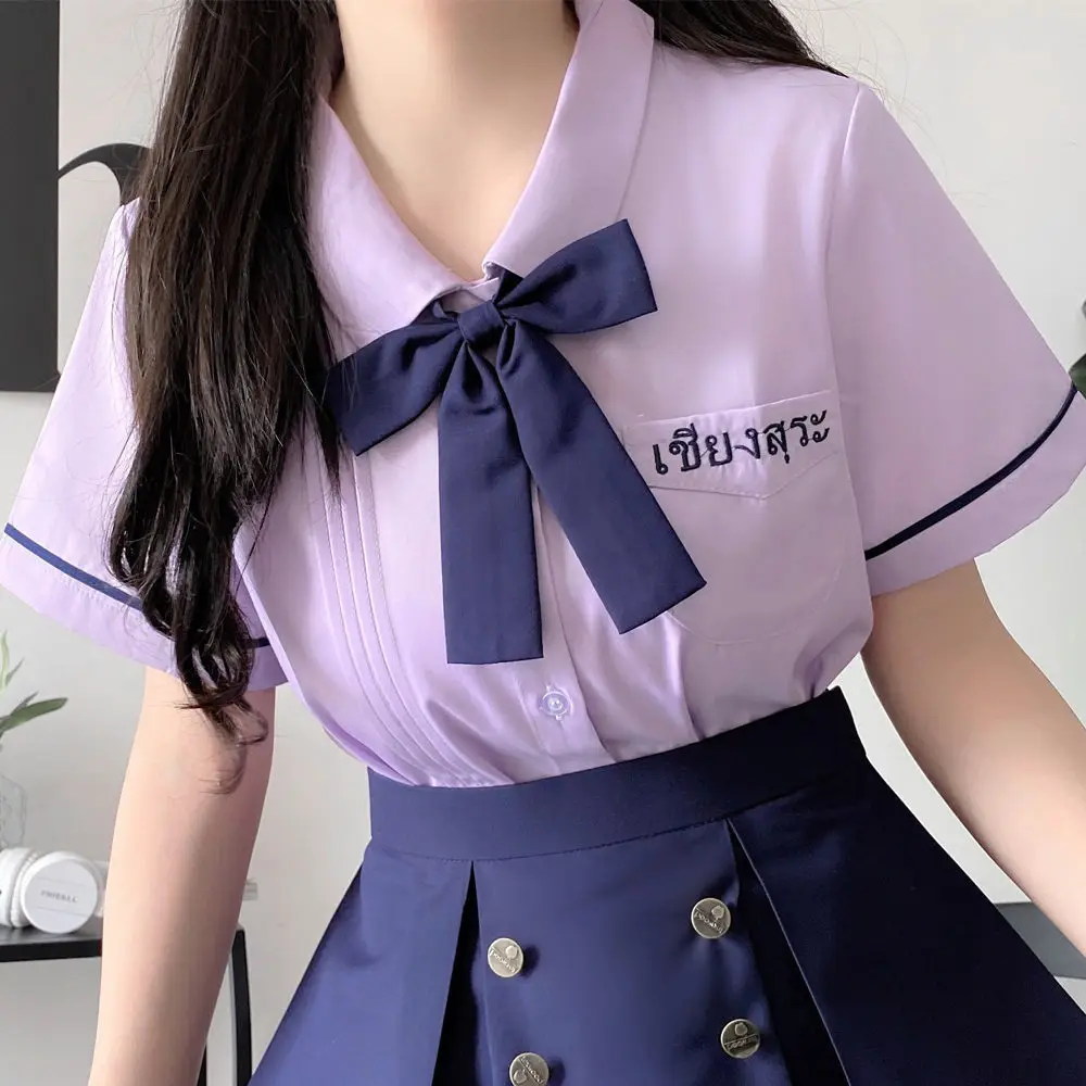 Qing Ying University Embroidered V-Neck Shirt with Bow - Image 4
