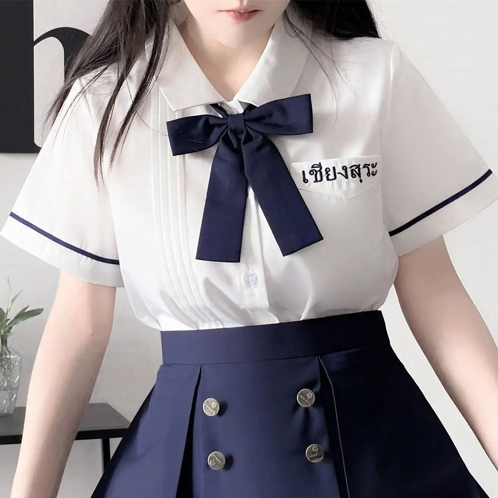 Qing Ying University Embroidered V-Neck Shirt with Bow - Image 5