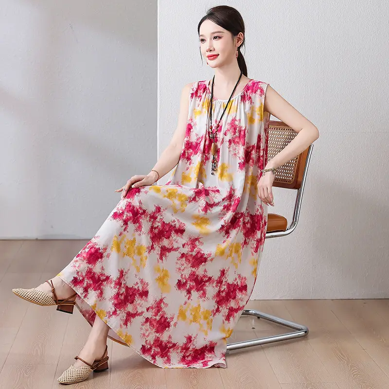 2025 Cotton Silk Floral Mid-Length Dress Plus Size - Image 10