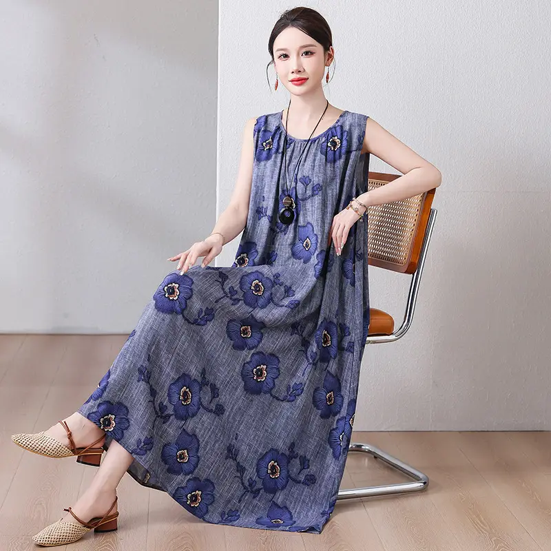 2025 Cotton Silk Floral Mid-Length Dress Plus Size - Image 11