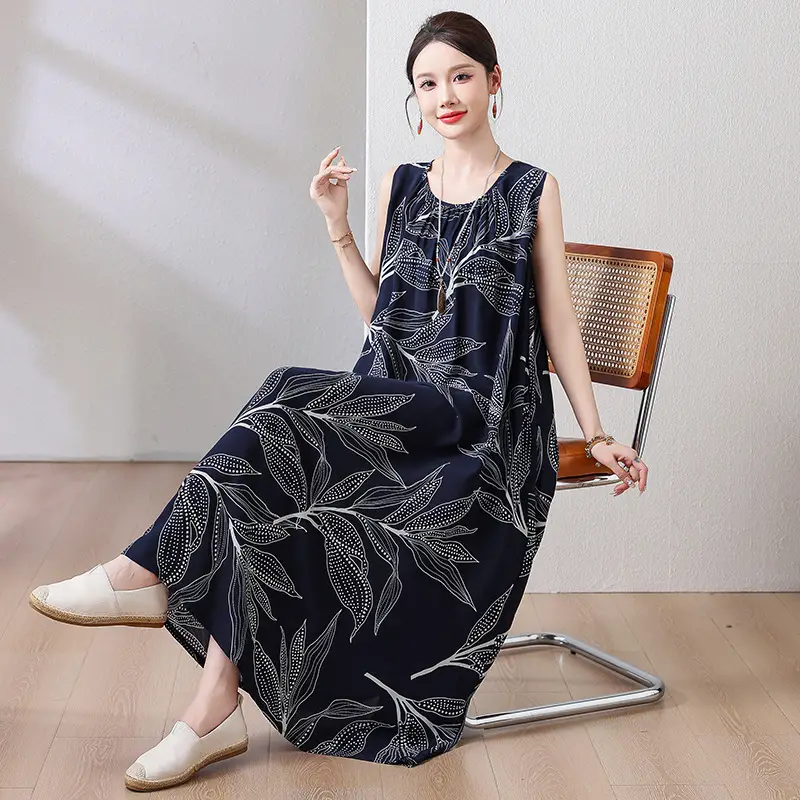 2025 Cotton Silk Floral Mid-Length Dress Plus Size - Image 14