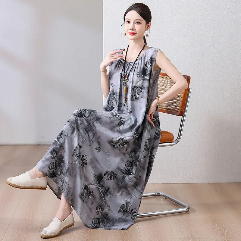 2025 Cotton Silk Floral Mid-Length Dress Plus Size - Image 3