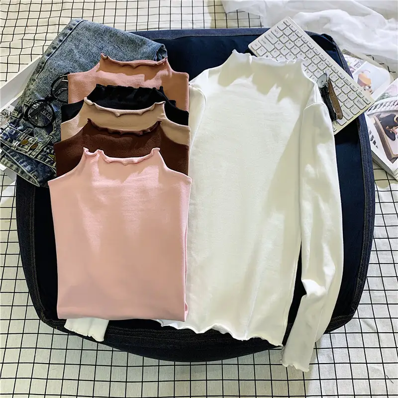 Women Ruffled Collar T-Shirt Brown Long Sleeve