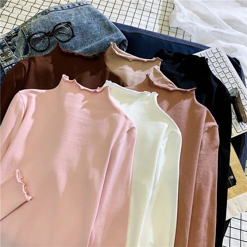 Women Ruffled Collar T-Shirt Brown Long Sleeve