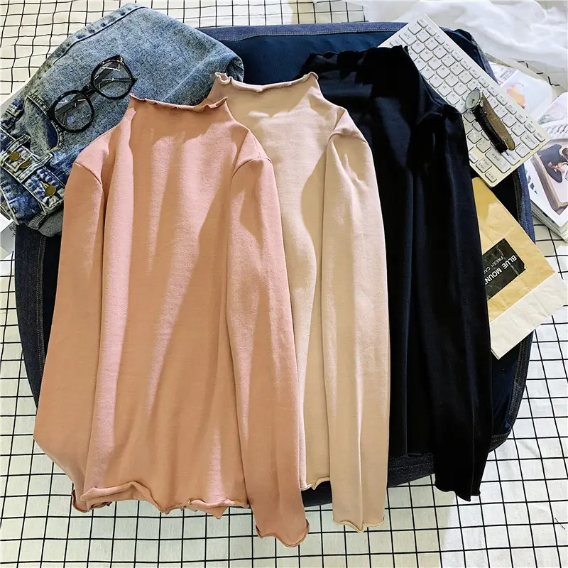 Women Ruffled Collar T-Shirt Brown Long Sleeve