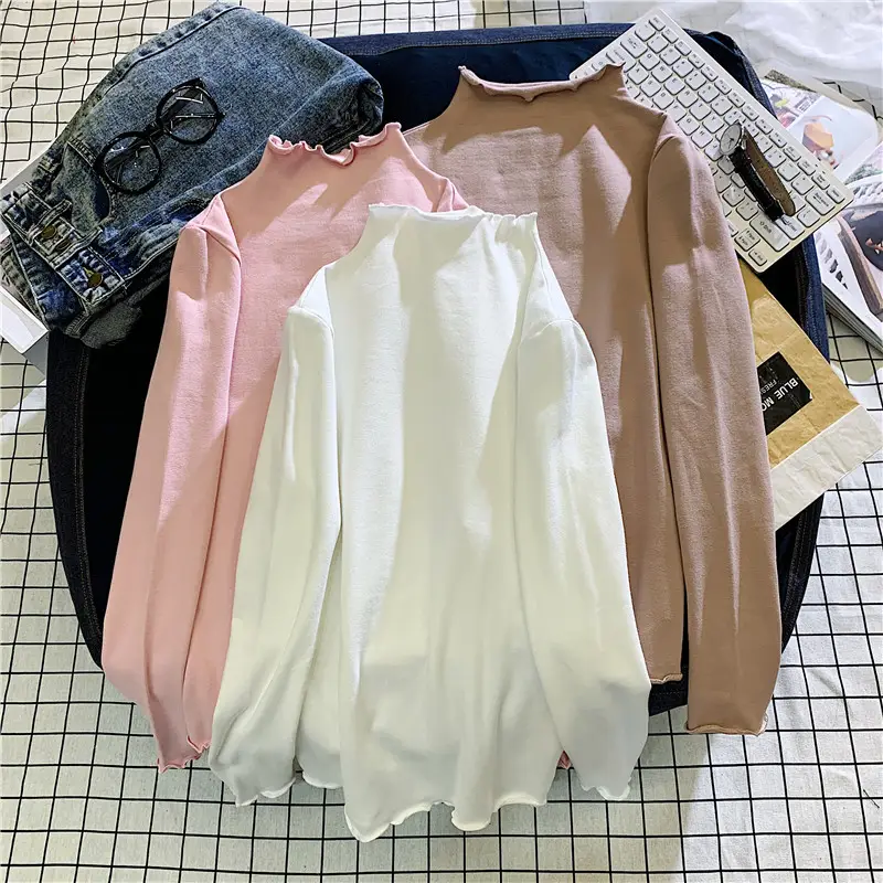 Women Ruffled Collar T-Shirt Brown Long Sleeve