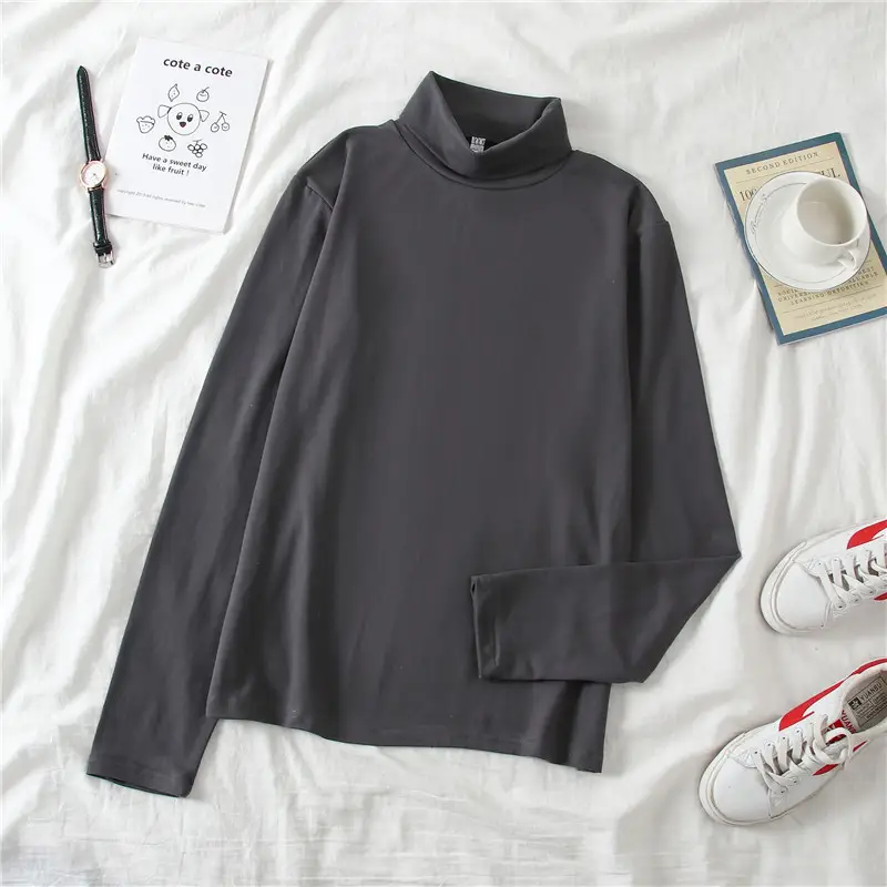 Women Ruffled Collar T-Shirt Brown Long Sleeve