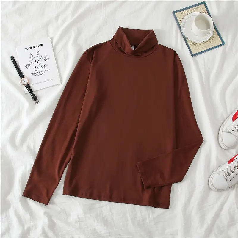 Women Ruffled Collar T-Shirt Brown Long Sleeve
