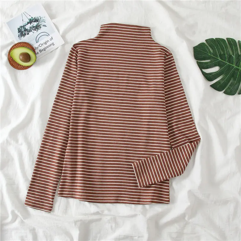 Women Ruffled Collar T-Shirt Brown Long Sleeve