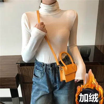 Women Ruffled Collar T-Shirt Brown Long Sleeve