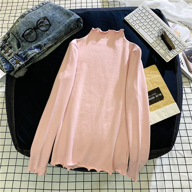 Women Ruffled Collar T-Shirt Brown Long Sleeve
