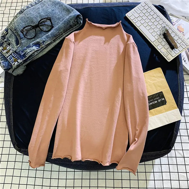 Women Ruffled Collar T-Shirt Brown Long Sleeve