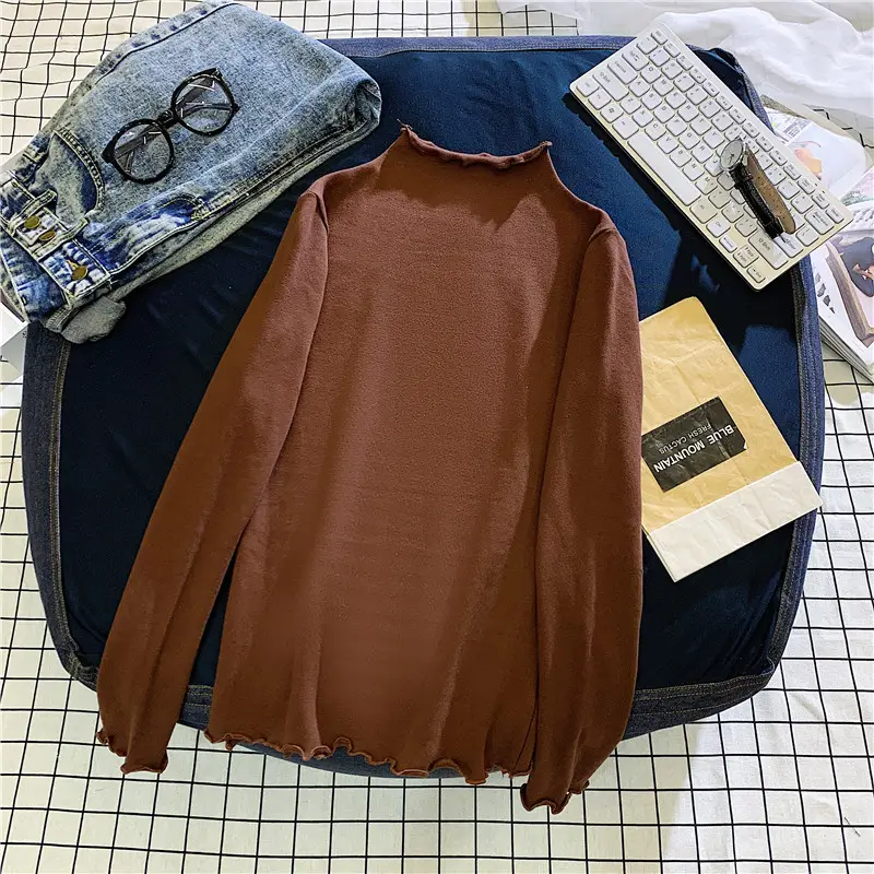 Women Ruffled Collar T-Shirt Brown Long Sleeve