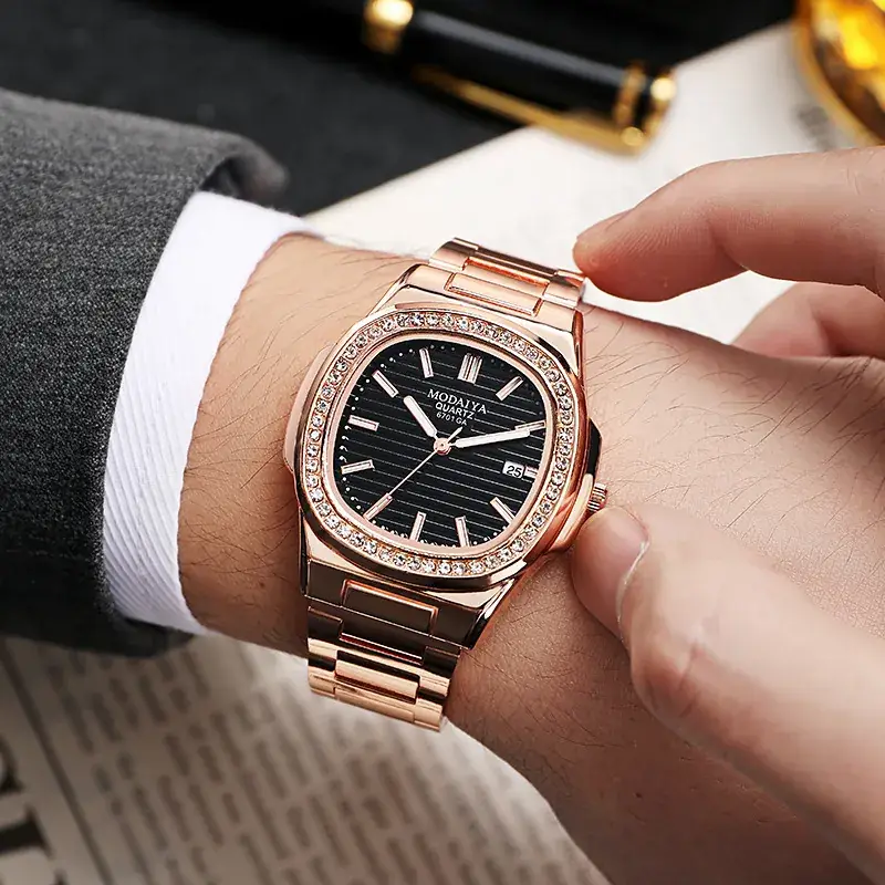 Luxury Rose Gold Square Watch for Men with Diamond Crystal Band - Image 9