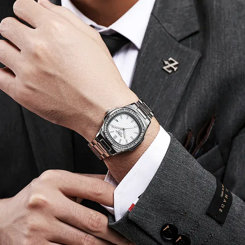 Luxury Rose Gold Square Watch for Men with Diamond Crystal Band - Image 10