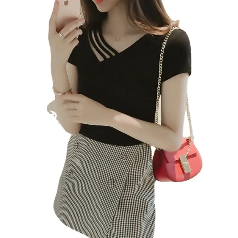 Women's Black Strappy T-Shirt V-Neck Summer Top - Image 5