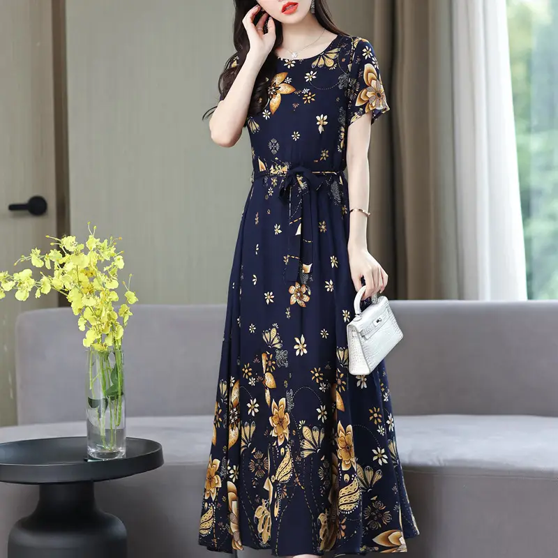 Mother's Summer Cotton Silk Dress Large Size Floral Over-the-Knee Long Dress - Image 26