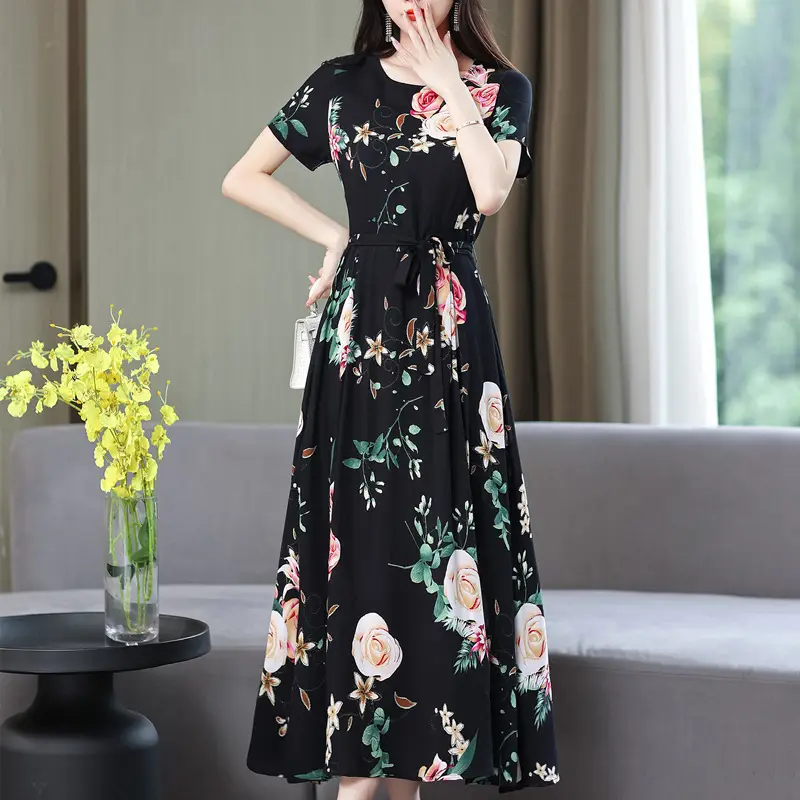 Mother's Summer Cotton Silk Dress Large Size Floral Over-the-Knee Long Dress - Image 27