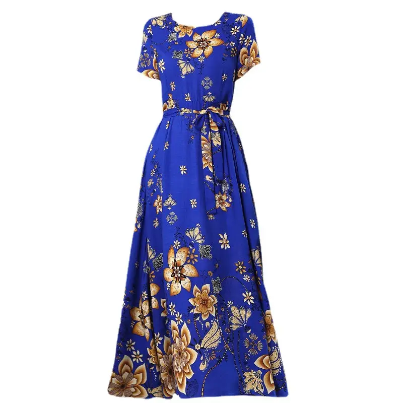 Mother's Summer Cotton Silk Dress Large Size Floral Over-the-Knee Long Dress - Image 29