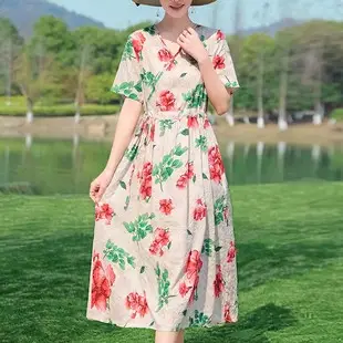 Mother's Summer Cotton Silk Dress Large Size Floral Over-the-Knee Long Dress — feature 11
