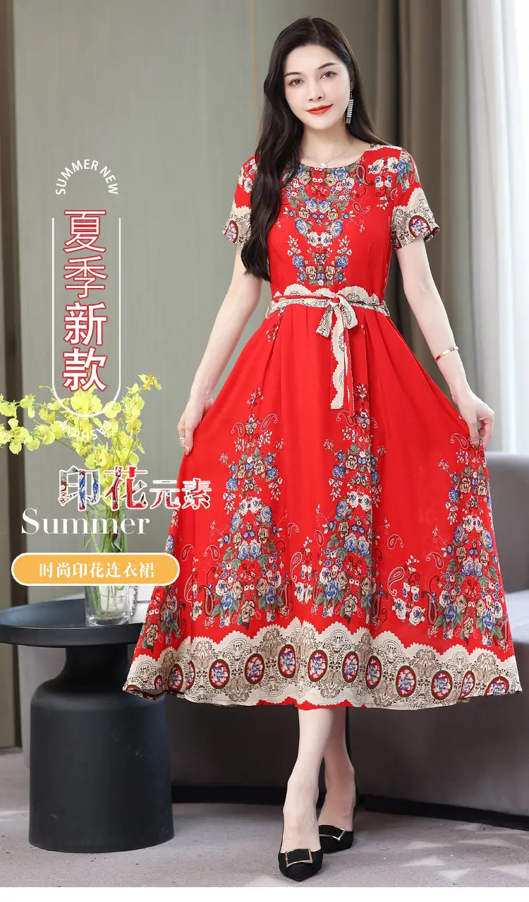 Mother's Summer Cotton Silk Dress Large Size Floral Over-the-Knee Long Dress — feature 13