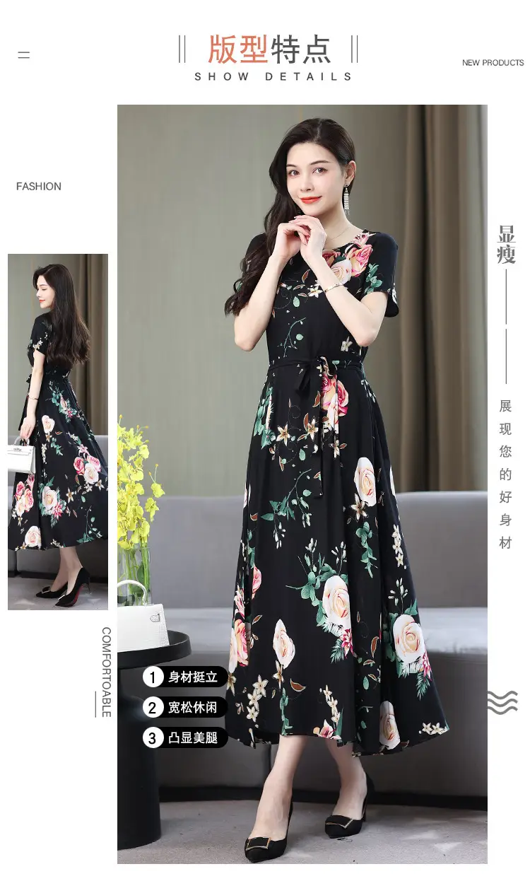 Mother's Summer Cotton Silk Dress Large Size Floral Over-the-Knee Long Dress — feature 14