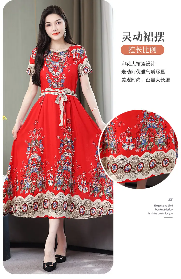 Mother's Summer Cotton Silk Dress Large Size Floral Over-the-Knee Long Dress — feature 17