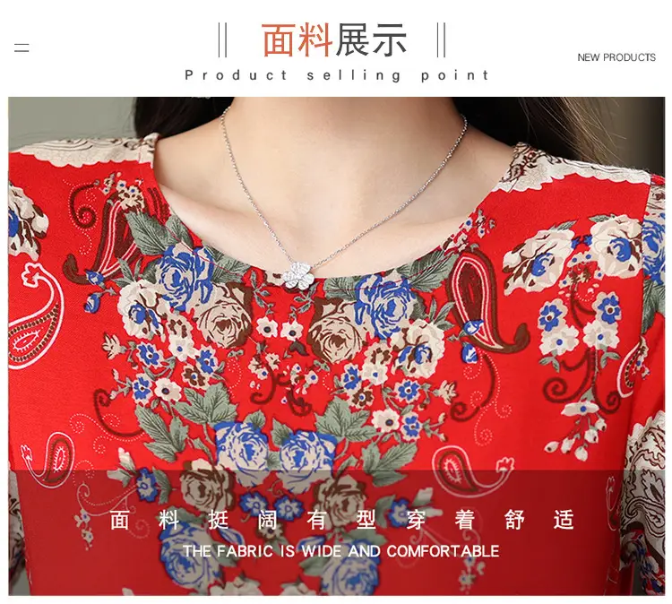 Mother's Summer Cotton Silk Dress Large Size Floral Over-the-Knee Long Dress — feature 18