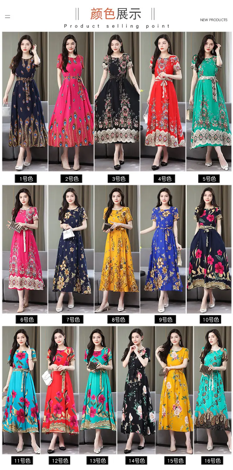 Mother's Summer Cotton Silk Dress Large Size Floral Over-the-Knee Long Dress — feature 20