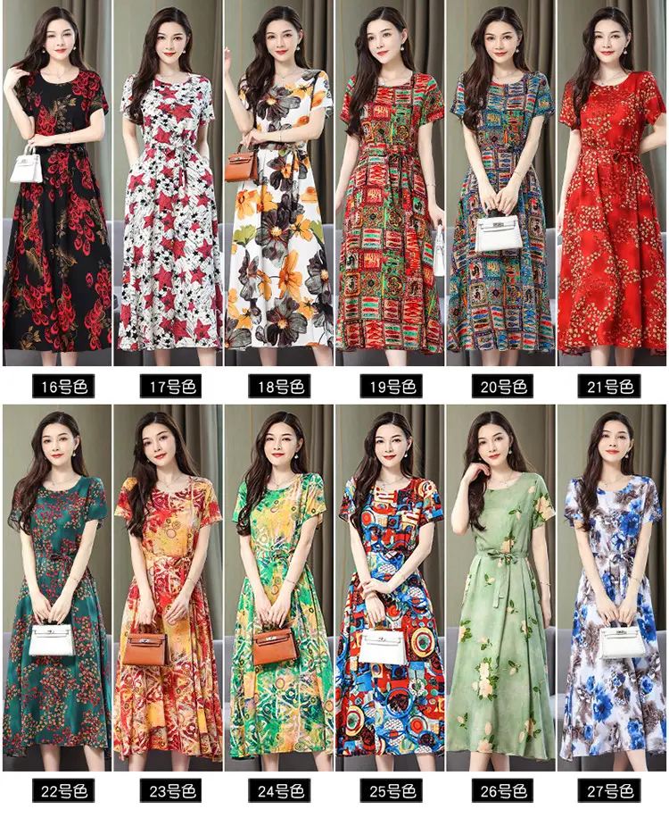 Mother's Summer Cotton Silk Dress Large Size Floral Over-the-Knee Long Dress — feature 22