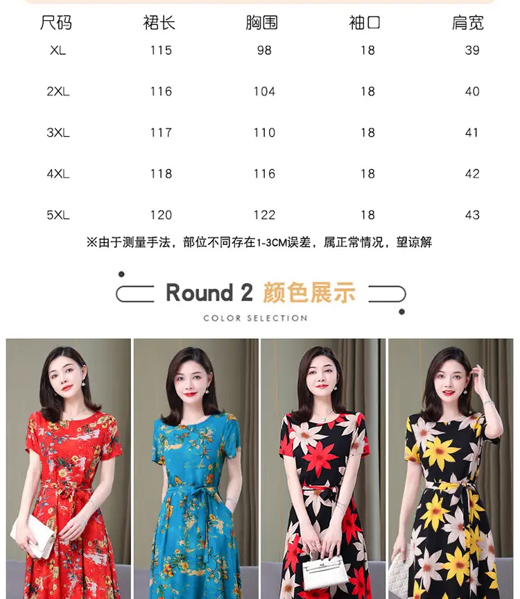 Mother's Summer Cotton Silk Dress Large Size Floral Over-the-Knee Long Dress — feature 23