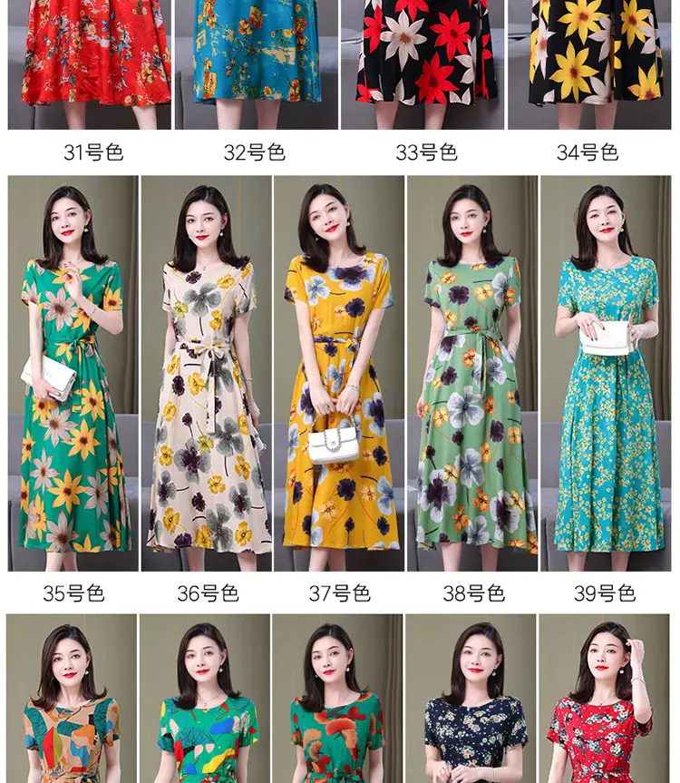 Mother's Summer Cotton Silk Dress Large Size Floral Over-the-Knee Long Dress — feature 24