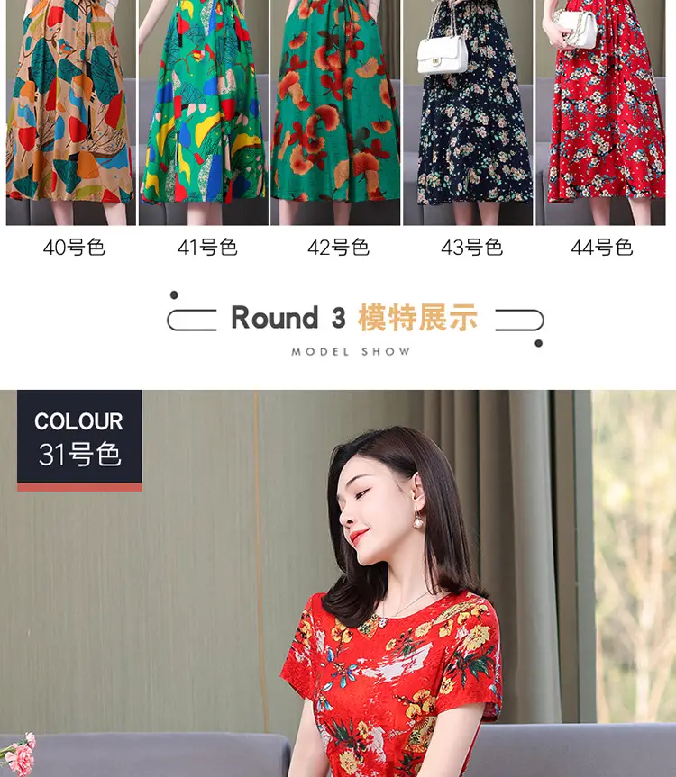 Mother's Summer Cotton Silk Dress Large Size Floral Over-the-Knee Long Dress — feature 25