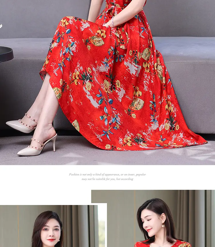 Mother's Summer Cotton Silk Dress Large Size Floral Over-the-Knee Long Dress — feature 26